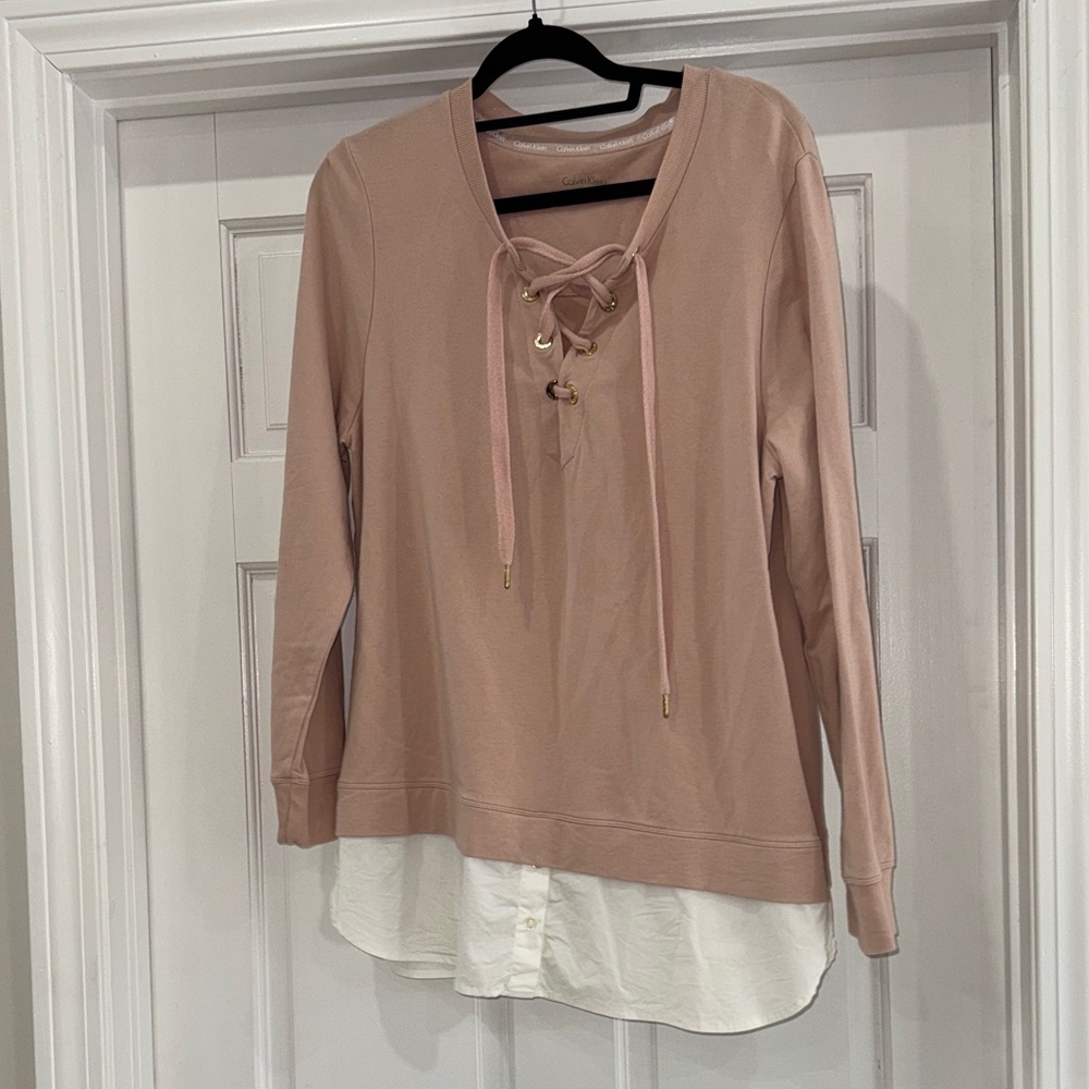 Calvin KleinWomen's Lace-Up Sweater with Blouse Shirt Hem - Blush size L